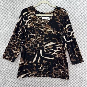 Chicos Travelers Top Womens 3 XL/18 Brown Animal Print V-Neck Wrinkle Resistant